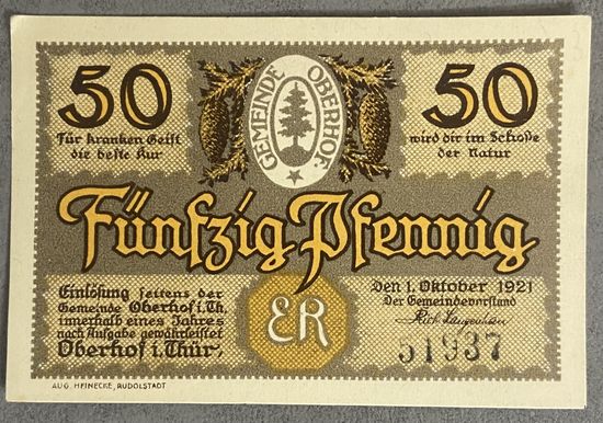 Нотгельд 50 пфеннигов 1921 год. Оберхоф,. Веймарская республика
