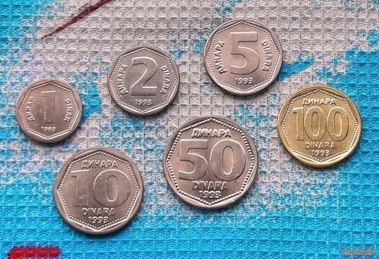 Югославия набор монет  1, 2, 5, 10, 50, 100 Динар 1993 года. Сербия, Черногория, Воеводина, Косово и Метохия UNC. RRR. Предложи свою цену или обмен!