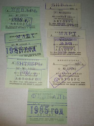 Проездные билеты 1985,1986,1987 гг. Пинск.