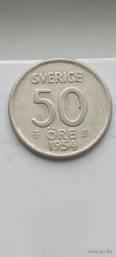 50 эре 1954 года Швеция. Серебро 400. Монета не чищена. 45062
