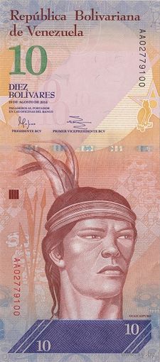 Венесуэла 10 боливаров образца 2014 года UNC p90e