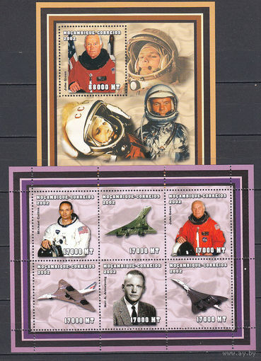 Космос. Космонавты и астронавты. Мозамбик. 2002. 1 малый лист и 1 блок. Michel N 2489-2494, бл157 (24,0 е)