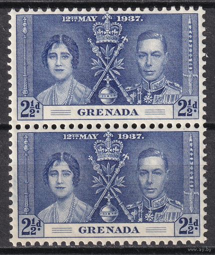 81.BrKS. Великобритания. Колонии.  Гренада. Коронация Георга VI и Елизаветы. 1937 г. 2 1/2P. Mi.#122. Пара. MNH.