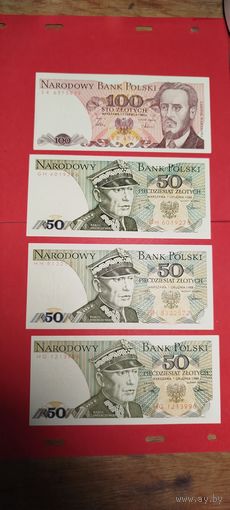 4 шт. Купюры Польши 50 и 100 злотых 1986 и 1988. С рубля. (27)