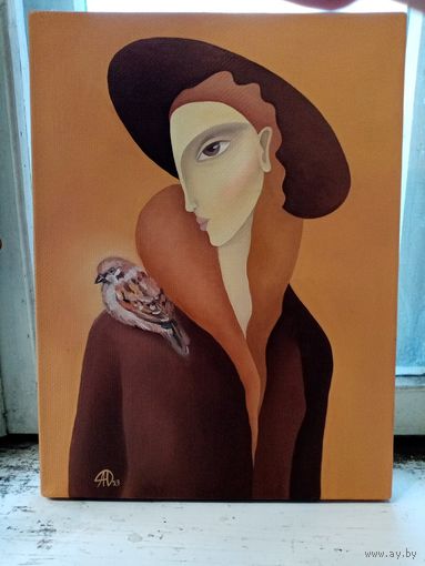 Dasha Art "Дама с воробьем", 30х40см. х.м.