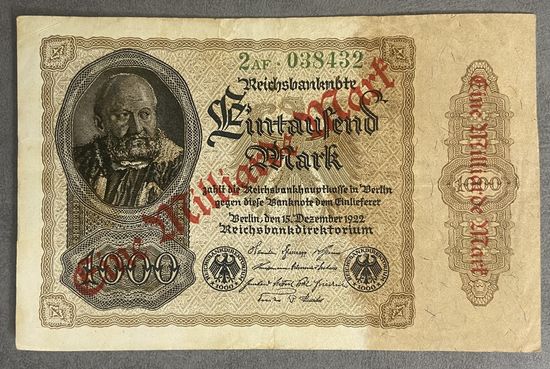 Банкнота 1 миллиард марок 1922 год. Веймарская республика