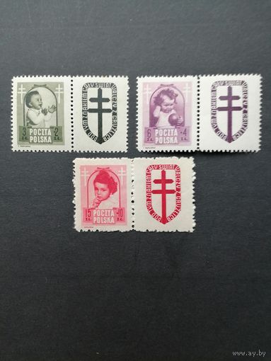 Польша 1948 Неполная серия марок с купонами "Борьба с туберкулезом" (чистые**) Mi.511 Zf, 513 Zf-514 Zf каталог 17.50 евро
