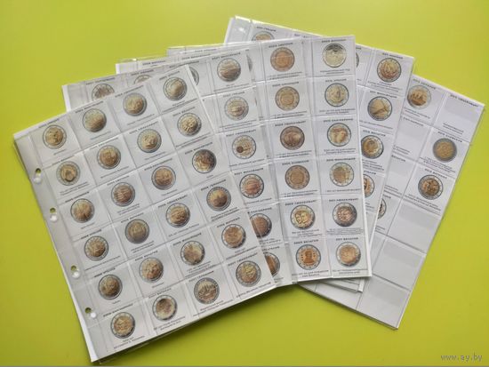 Комплект прозрачных листов с ячейками + информационных листов-разделителей для памятных монет номиналом 2 Евро (6 листов, 144 ячейки). Торг.