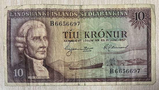 Банкнота 10 крон 1957 года. Исландия.