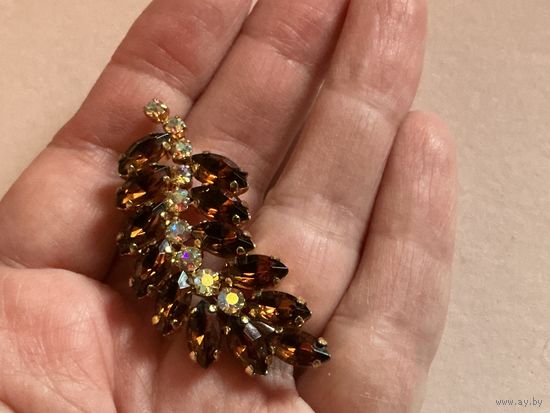 Брошь Веточка коньячные стразы Чехия 60-е