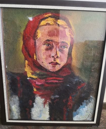Картина в раме под стеклом. Девушка в платке.. размер.43*51 см. холст. масло.