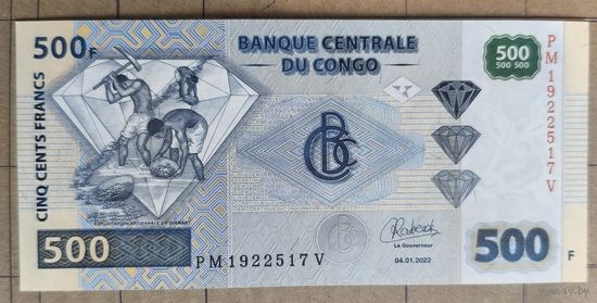 Конго (ДР) 500 франков 2022 г., P:96, надпечатка см. в описании