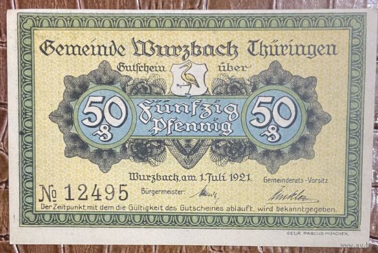 Нотгельд 50 пфеннигов 1921 год. Вюрцбах. Веймарская республика