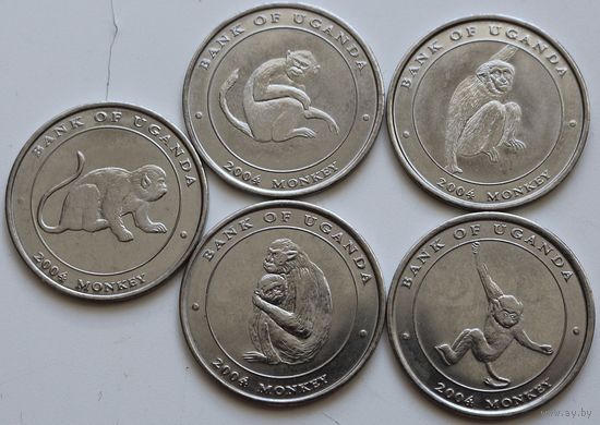 Уганда Набор 5 монет "Обезьяны" 100 шиллингов 2004 год