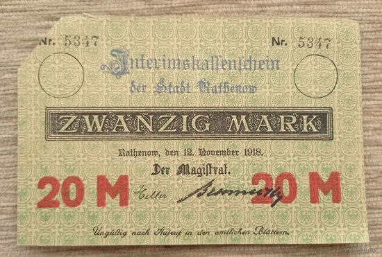 Werty71 Германия 20 марок 1918 банкнота Ратенов