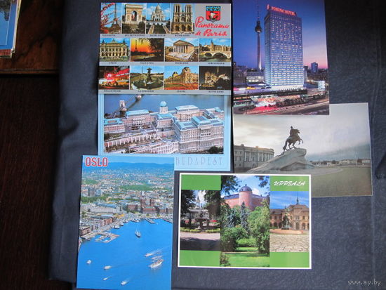 6 почтовых открыток (Будапешт, Варшава, Париж, Уппсала, Осло, Петербург)