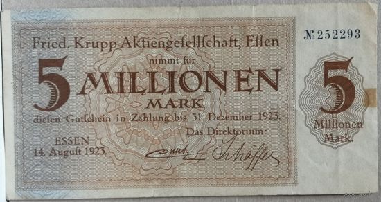 Германия 5 миллионов марок 1923 г Эссен (Essen) XF, 1429о., В/З волны