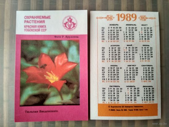 Карманный календарик. Охраняемые растения Узбекистана. 1989 год
