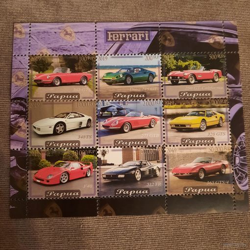 Папуа 2019. Автомобили Феррари. Ferrari. Малый лист