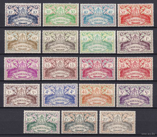 94.FrK. Франция. Колонии. Гваделупа. Дельфины. 1945 г. Полная серия. Mi.##188-206. MNH.