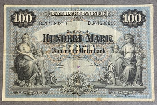 Банкнота Редкость! 100 Марок 1900 год Бавария Германская империя.