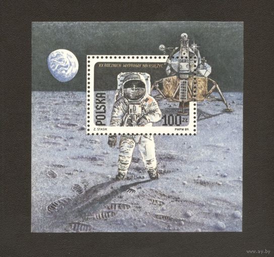 Польша 1989 Космос Аполлон 11 на луне Чистый блок 3.5е **
