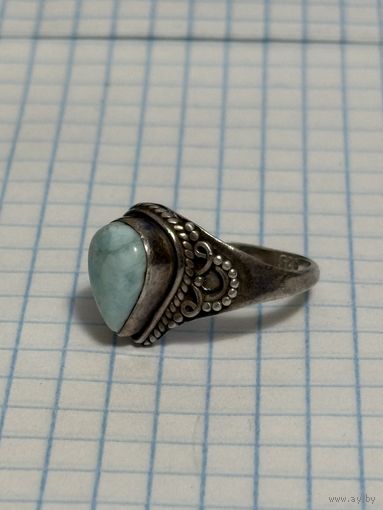 С 1 РУБЛЯ! КОЛЬЦО ГОЛУБОЙ РЕДКИЙ КАМЕНЬ ЛАРИМАР СЕРЕБРО 925 ПРОБА