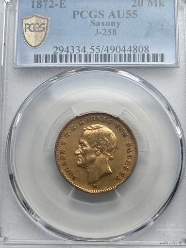 20 Марок 1872 Саксония - 20 Mark, Johann, Kingdom of Saxony (Редкая) слаб PCGC