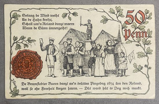 Нотгельд 50 пфеннигов 1920 год. Бад-Брамштедт. Веймарская республика.