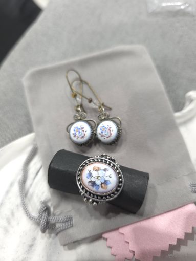 Серьги с кольцом скань, финифть, винтаж, СССР, мельхиор латунь