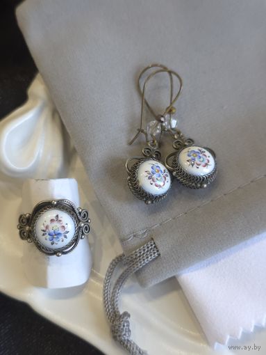 Серьги с кольцом скань, финифть, винтаж, СССР, мельхиор латунь