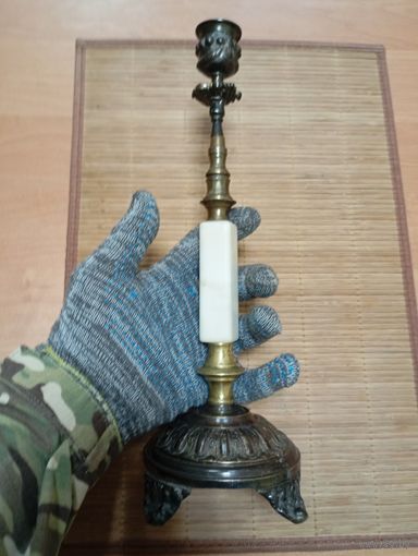 ВИНТАЖНЫЙ ПОДСВЕЧНИК,БРОНЗА,КАМЕНЬ.19 ВЕК!